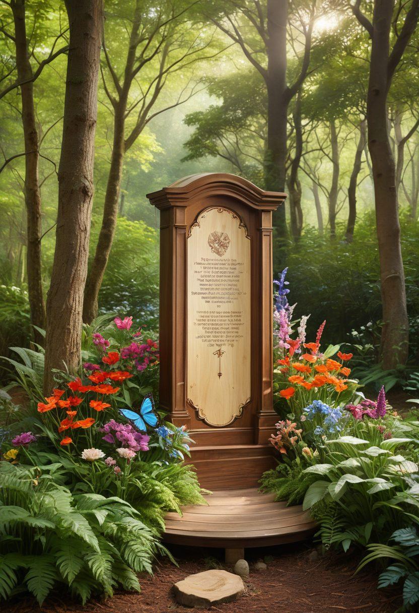 A serene forest scene with diverse flora and fauna, showcasing a beautifully crafted wooden memorial surrounded by blooming flowers, butterflies fluttering, and soft sunlight filtering through the trees. The atmosphere should evoke tranquility, harmony with nature, and a sense of remembrance. super-realistic. vibrant colors. ethereal lighting.