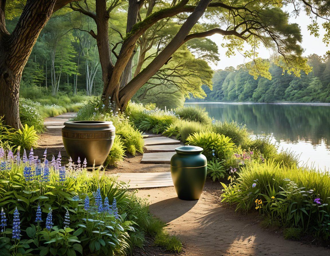 A serene forest scene with a peaceful path winding through lush green trees, adorned with vibrant wildflowers. A gentle river flows in the background, and a beautifully crafted biodegradable urn sits by the water's edge, symbolizing eco-conscious funeral planning. Soft sunlight filters through the canopy, creating a tranquil and reflective atmosphere that invites contemplation and remembrance. Nature's beauty and sustainability harmoniously coexist. super-realistic. vibrant colors. 3D.