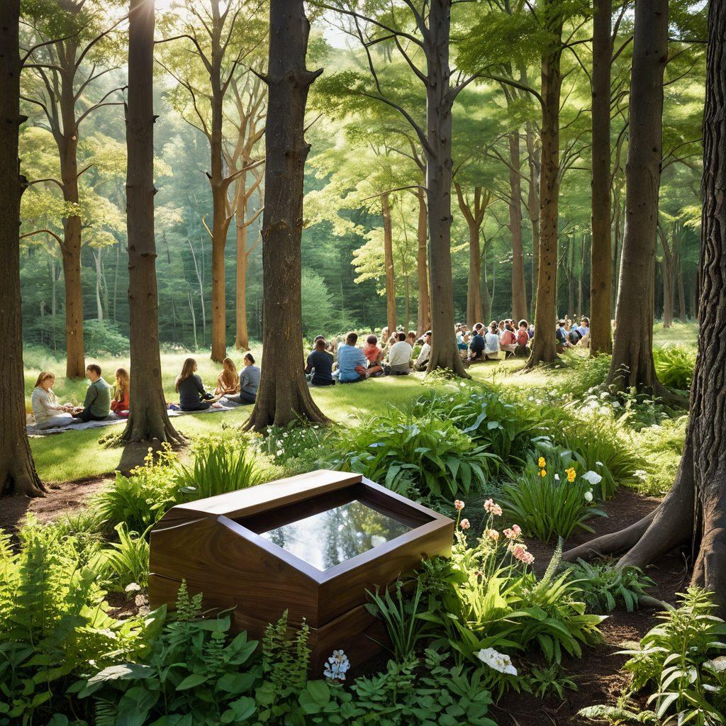 A serene memorial scene set in a lush green forest, with eco-friendly memorial items like biodegradable urns and native flowers. Soft sunlight filtering through the trees creates a peaceful atmosphere. Incorporate people engaging in a sustainable memorial service, planting trees or sharing memories. Emphasize tranquility and connection to nature. painting. vibrant colors.